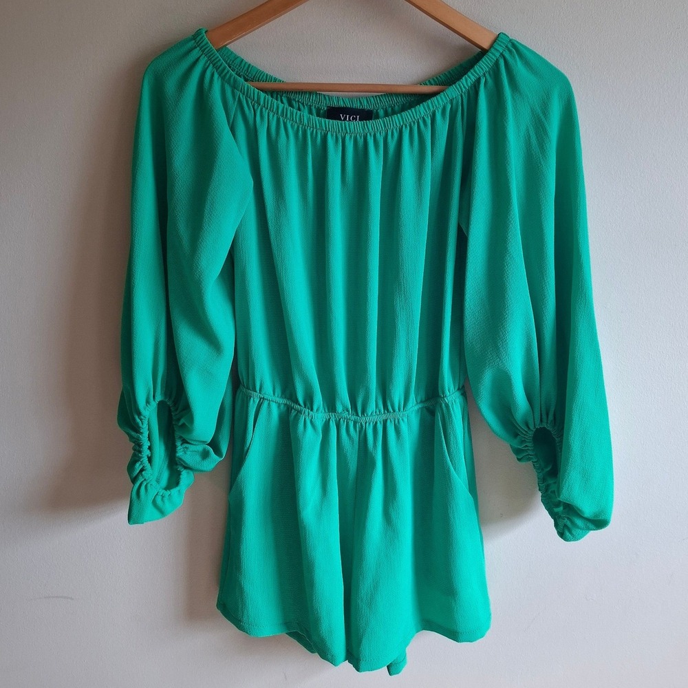 VICI Boho Chic Jewel Green Fairy Romper Balloon Sleeve Ruffles Off Shoulder Sz S